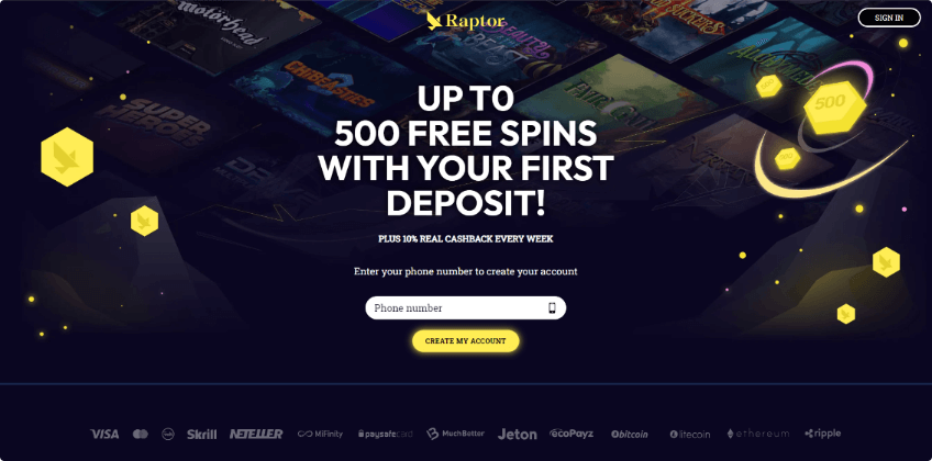 raptor casino cashback bonusar
